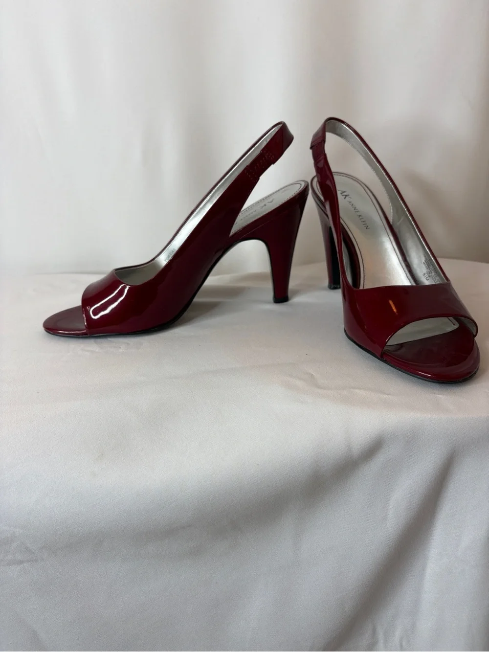 Anne Klein Wine Red Patent Slingback Peep-Toe Heels